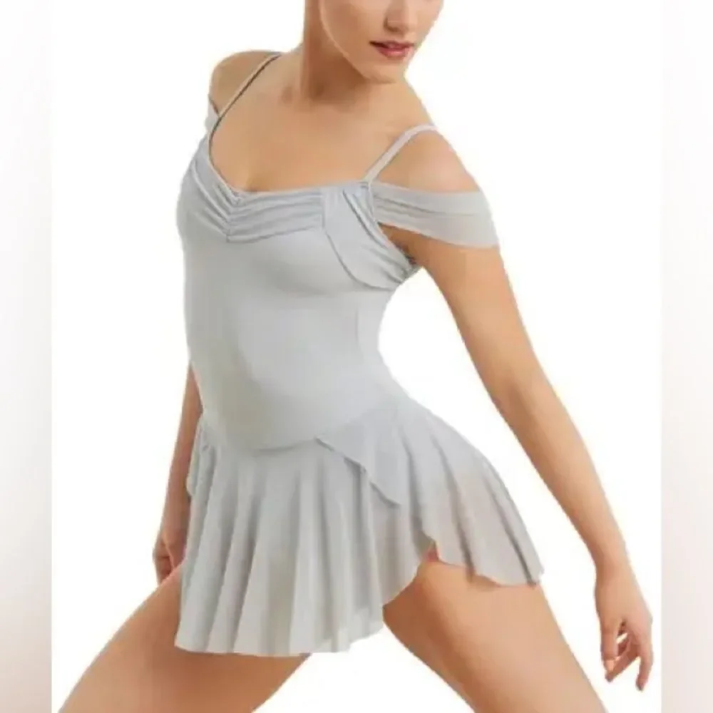 WEISSMAN Balera Dance Costume ballet gray Off The Shoulder Mesh Dress D10690 MA